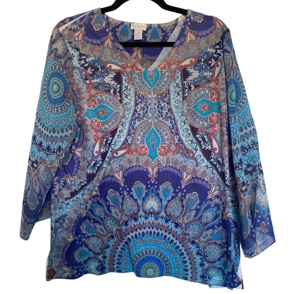 Chico's Blouse Womens Large Boho Paisley Indie Soft Rhinestones Fairy Whimsical